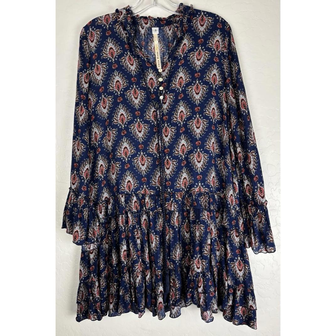 Uncle Frank Blue Floral Ruffle Tiered Tie Neck Dress S Blue Long Sleeve 1765